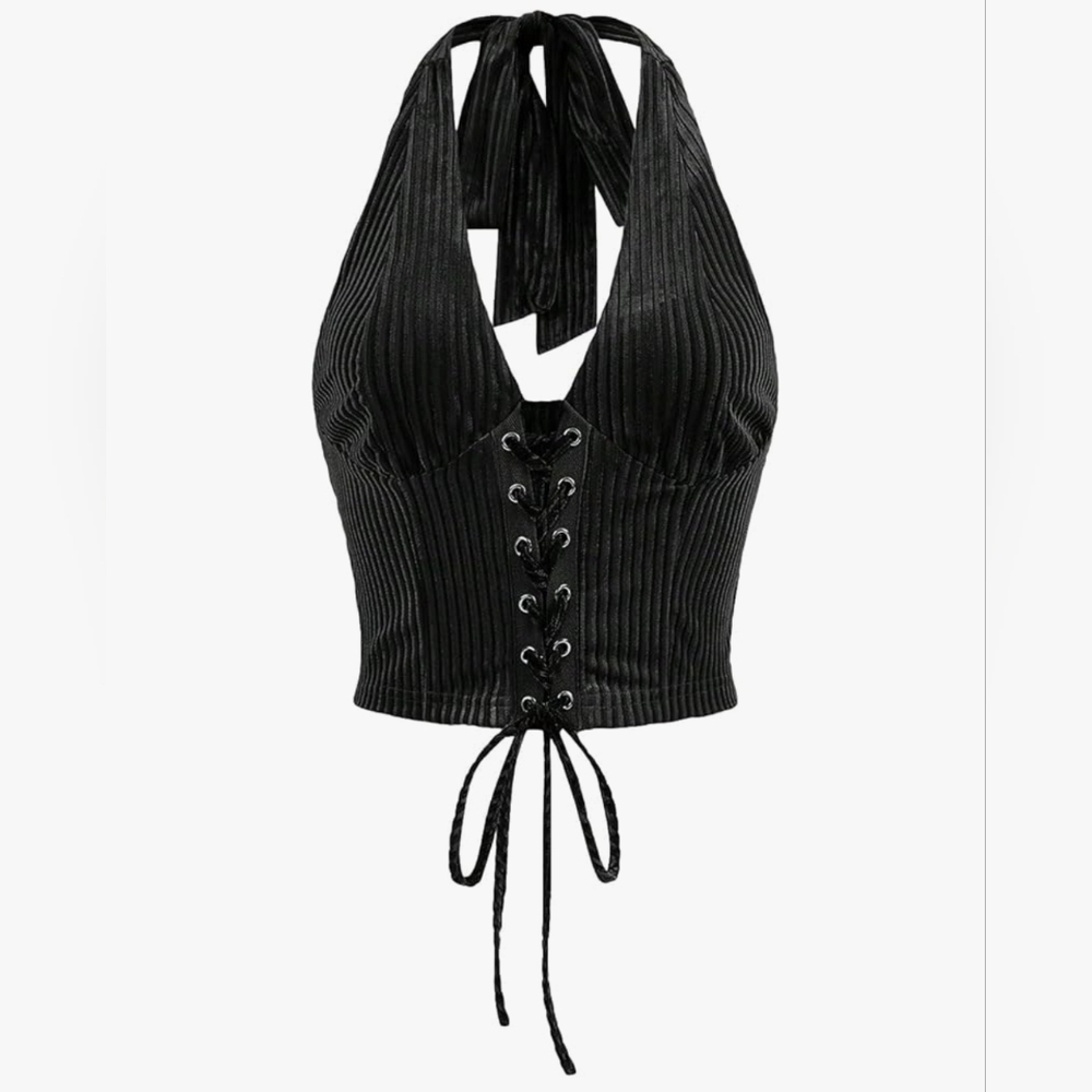 Black Lace-Up Corset Halter Top